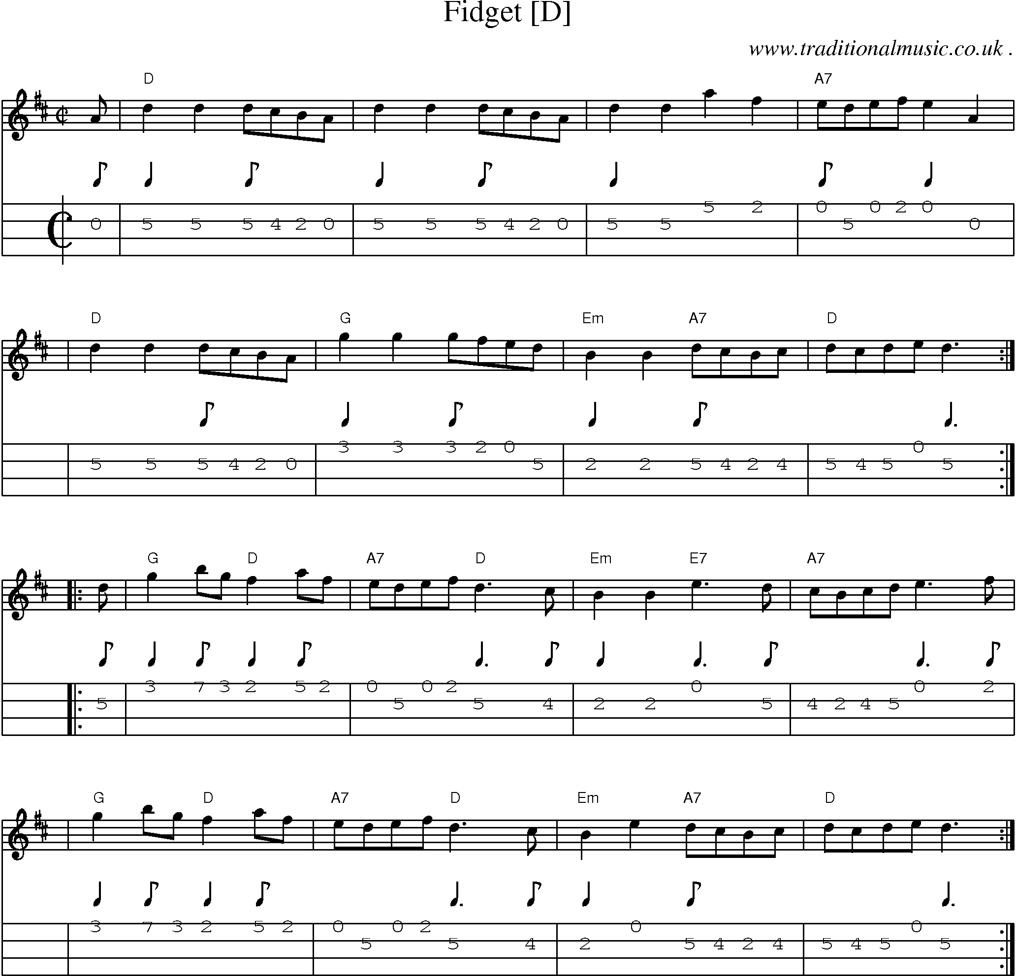 Sheet-music  score, Chords and Mandolin Tabs for Fidget [d]